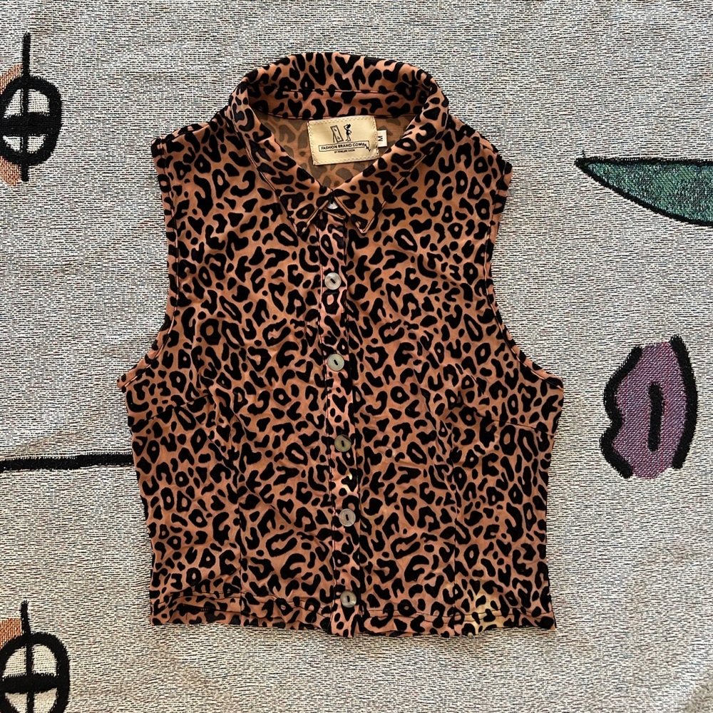 Fashion Brand Company Leopard Print Velvet Button Down Top